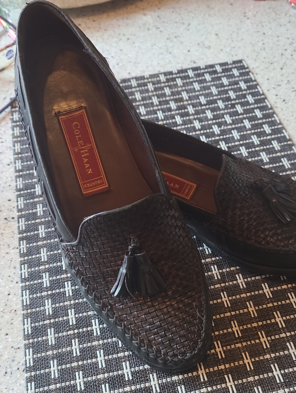 Cole Haan Brown Woven Leather Tassel Slip-On Loafers